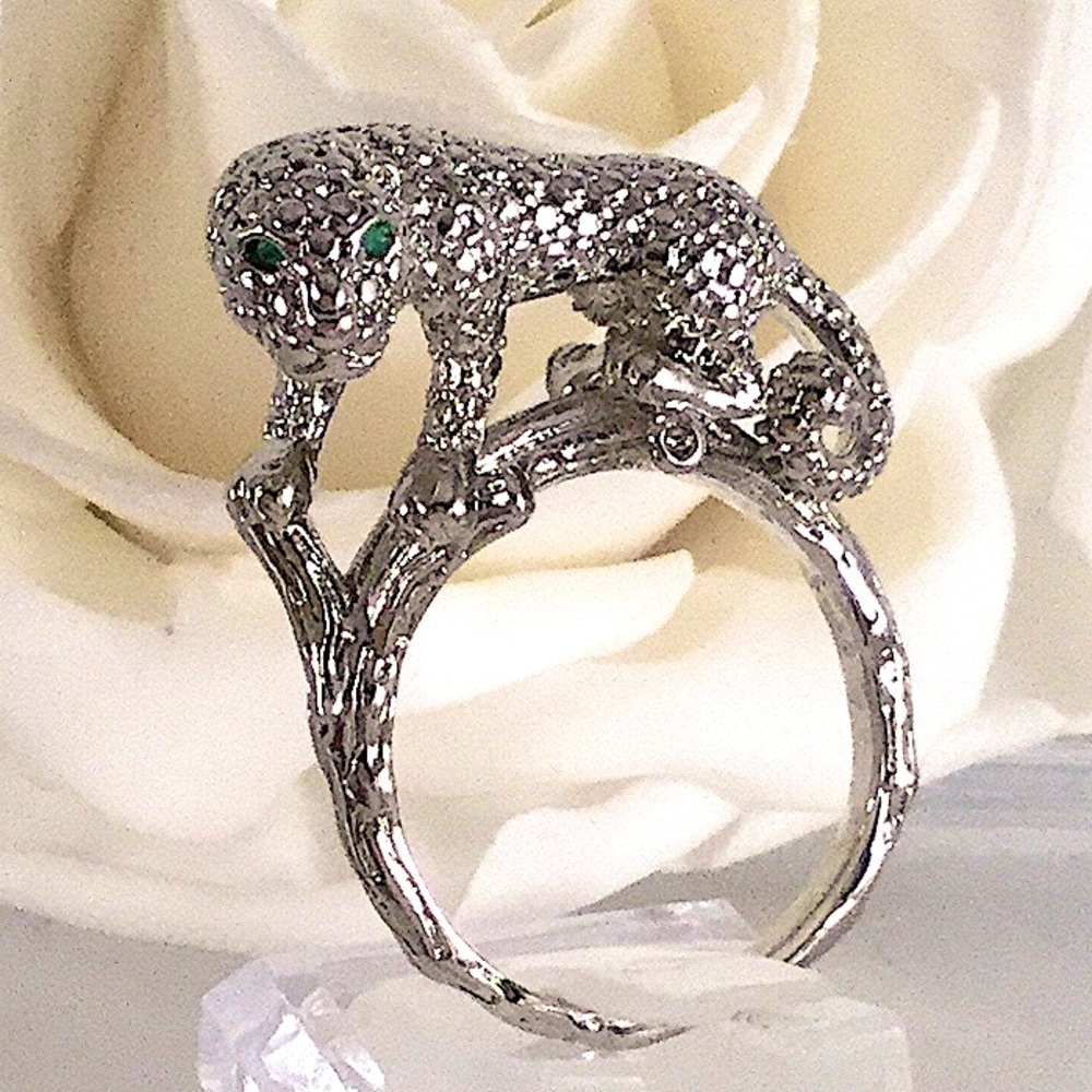Vintage Sterling Silver Leopard Ring, Green Eyes Art Deco